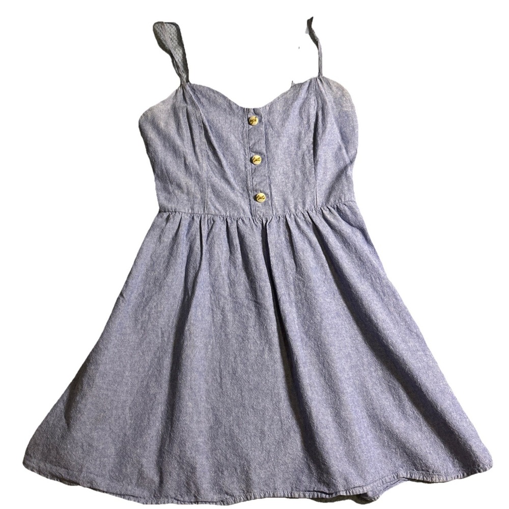 Whisper Dress Women Blue Excellent Chambray Fit Flare Bow Button Mini Sz Small
